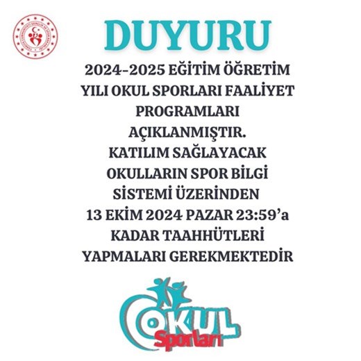 2024-2025 EĞİTİM ÖĞRETİM YILI OKUL SPORLARI FAALİYET PROGRAMI DUYURUSU...